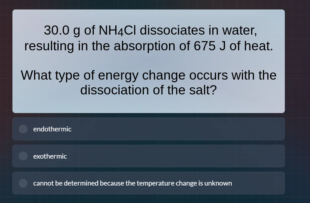 30.0 g of nh₄cl dissociates in water, resulting in the absorption of 67…