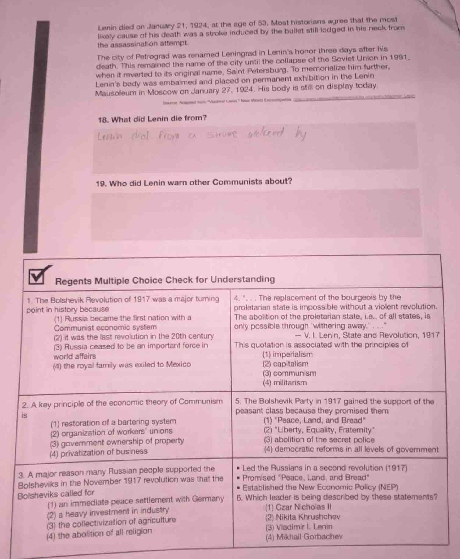 lenin died on january 21, 1924, at the age of 53. most historians agree…