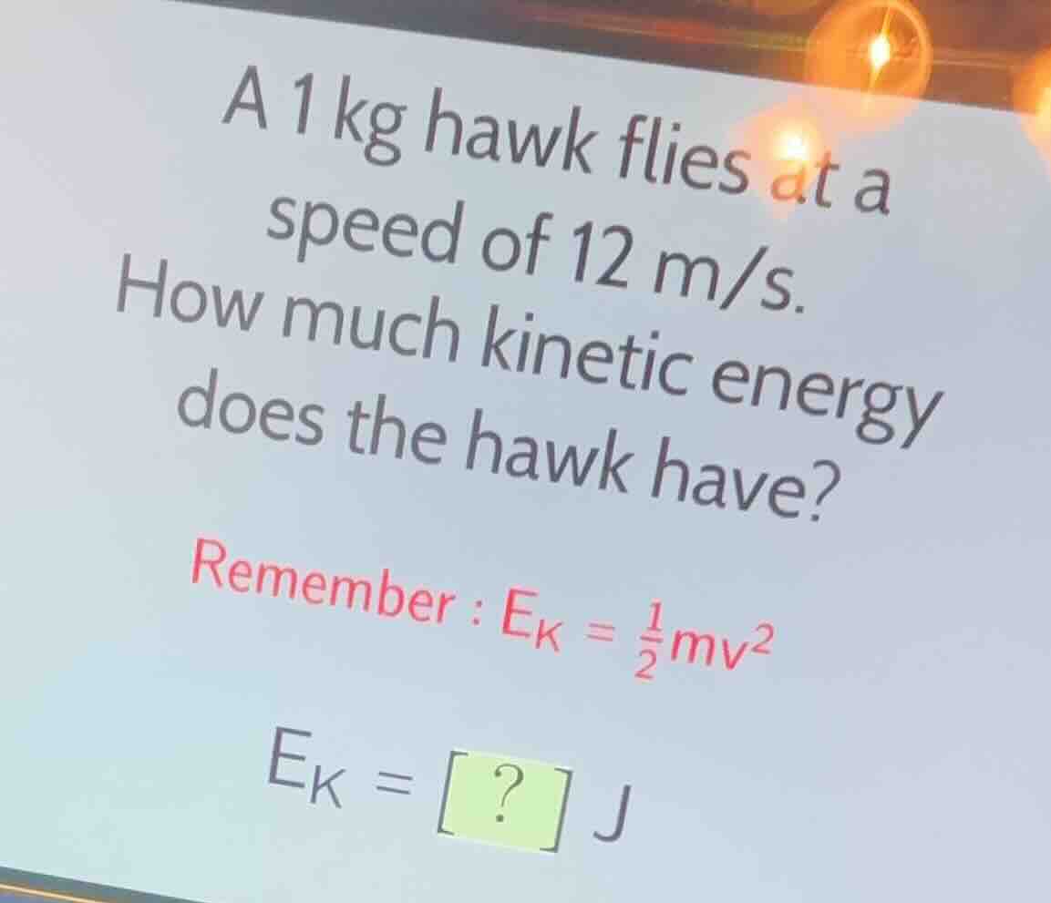 a 1 kg hawk flies at a speed of 12 m/s. how much kinetic energy does th…