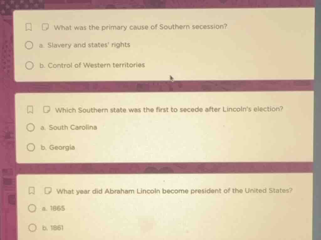 what was the primary cause of southern secession? a. slavery and states…