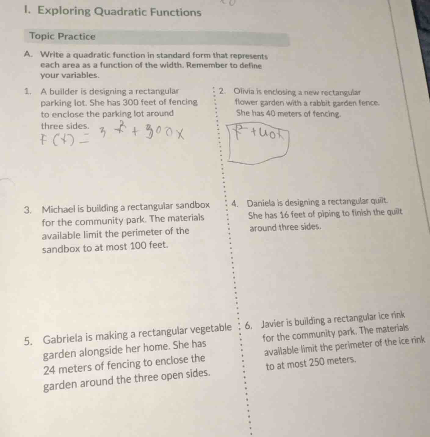 i. exploring quadratic functions topic practice a. write a quadratic fu…