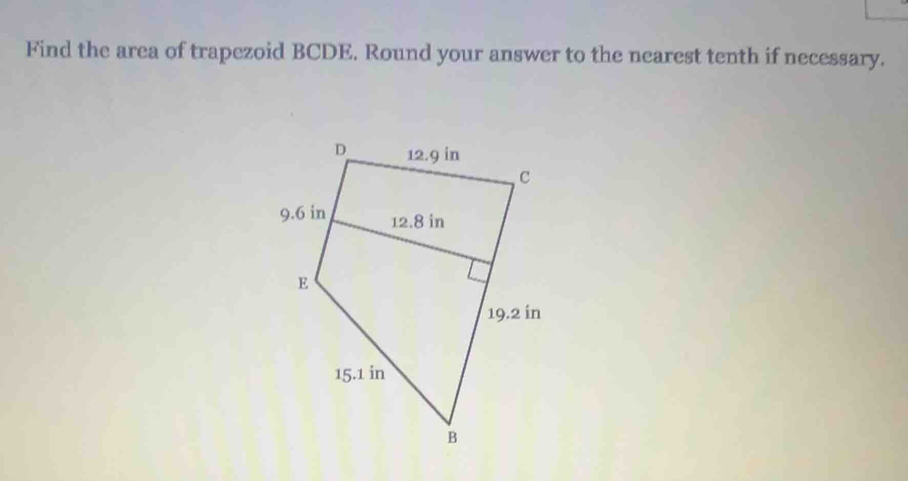 find the area of trapezoid bcde. round your answer to the nearest tenth…