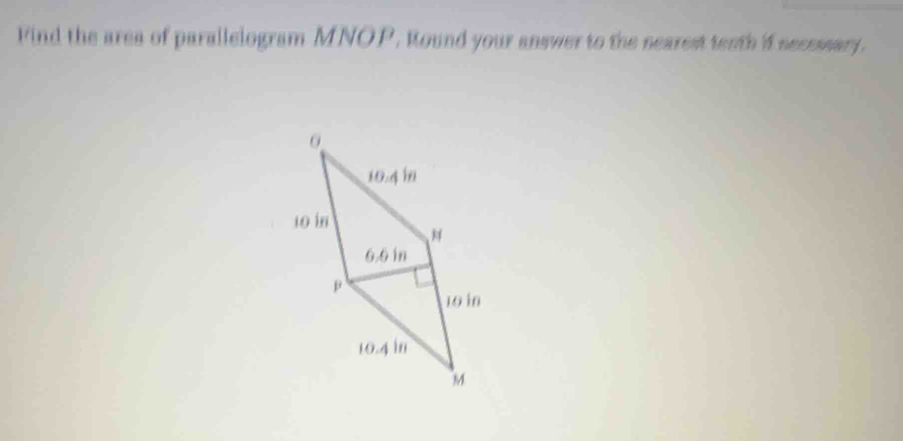find the area of parallelogram mnop. round your answer to the nearest t…