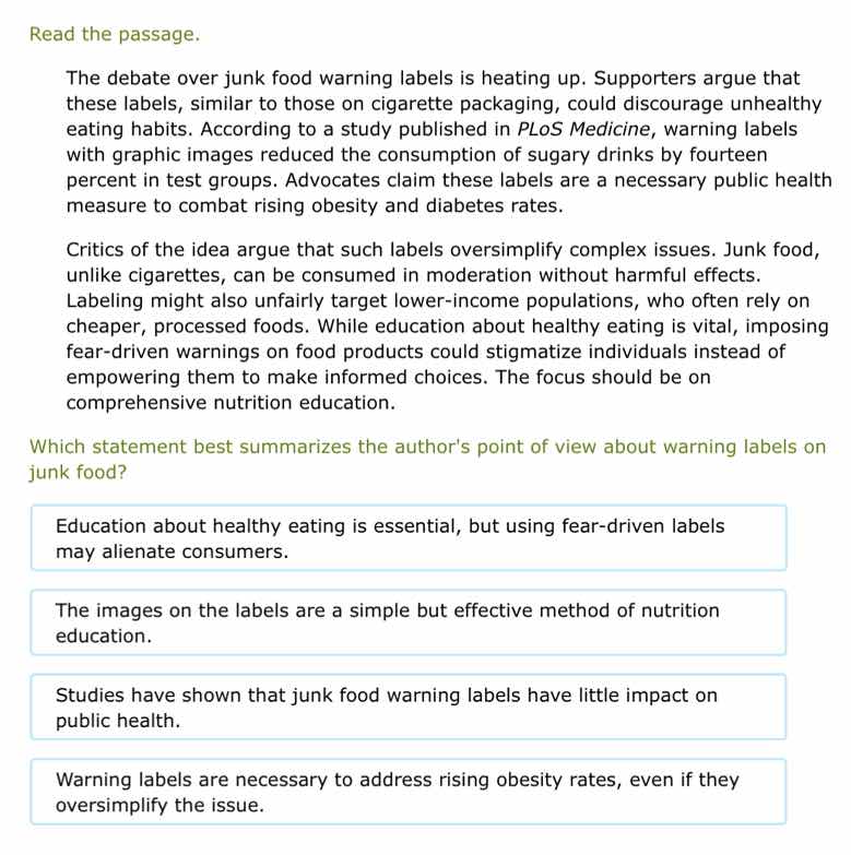 read the passage. the debate over junk food warning labels is heating u…