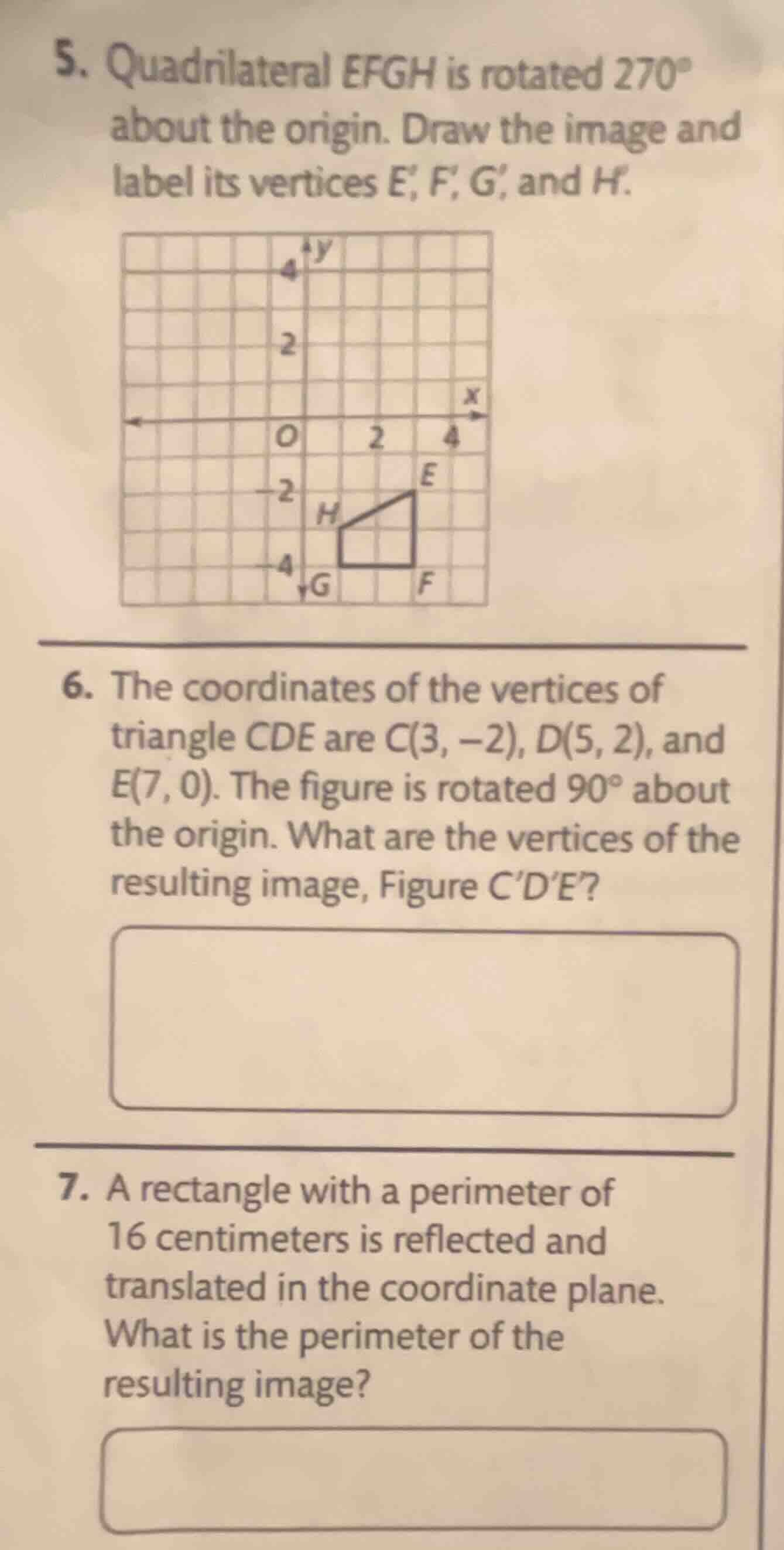 5. quadrilateral efgh is rotated 270° about the origin. draw the image …
