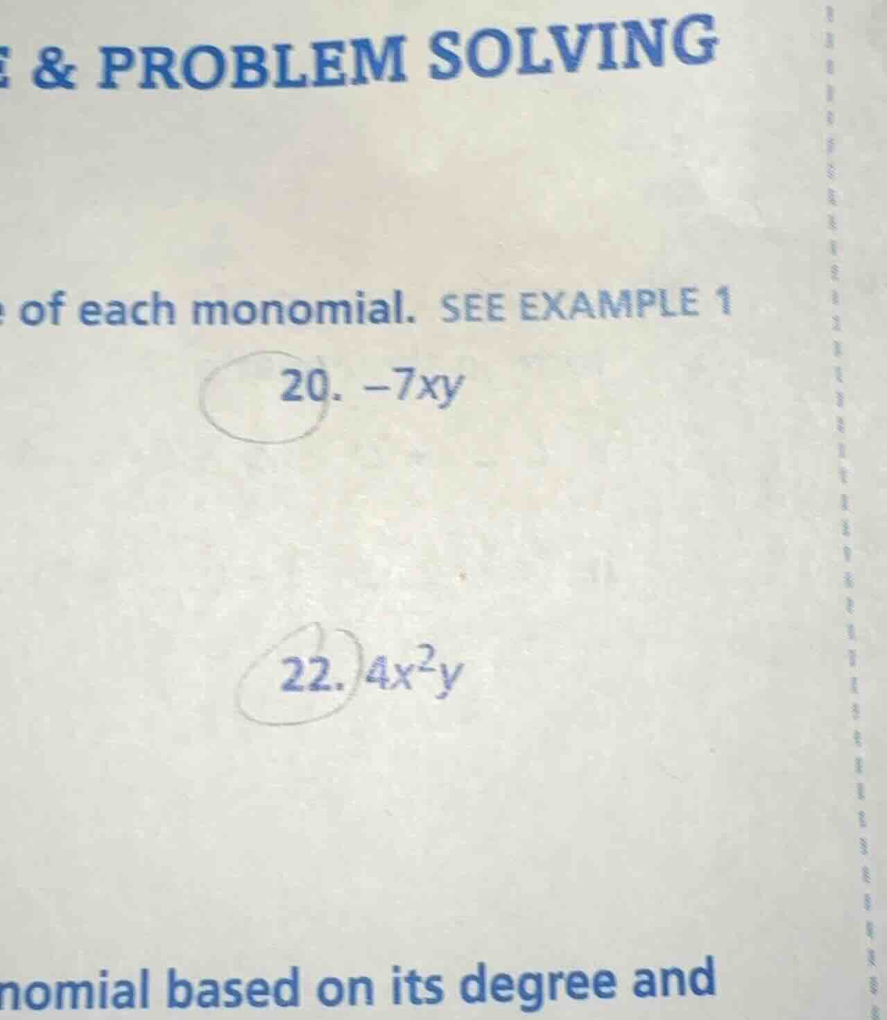 of each monomial. see example 1 20. $-7xy$ 22. $4x^2y$