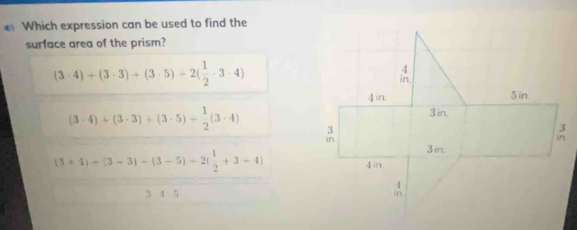 which expression can be used to find the surface area of the prism? $(3…