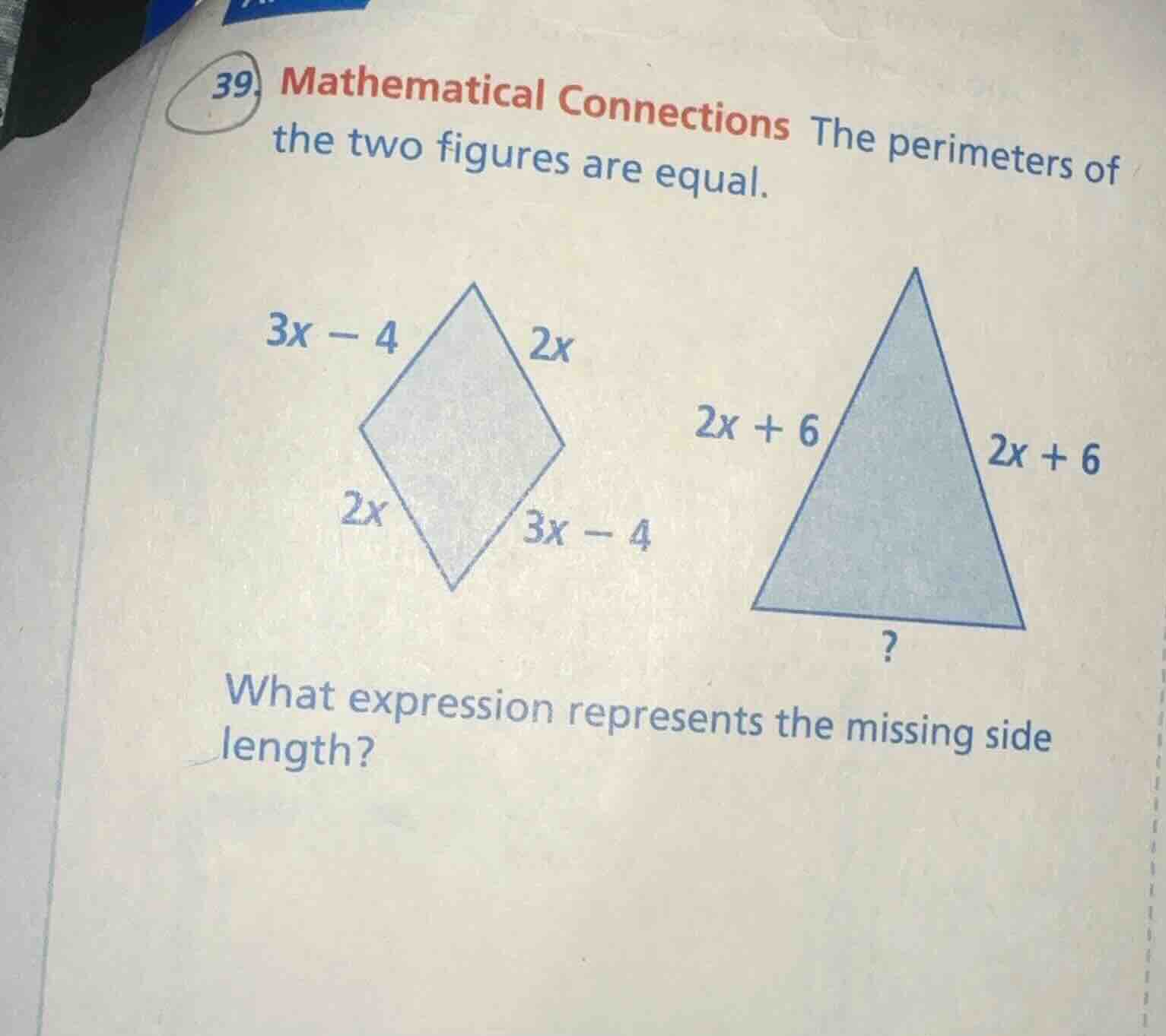 39. mathematical connections the perimeters of the two figures are equa…