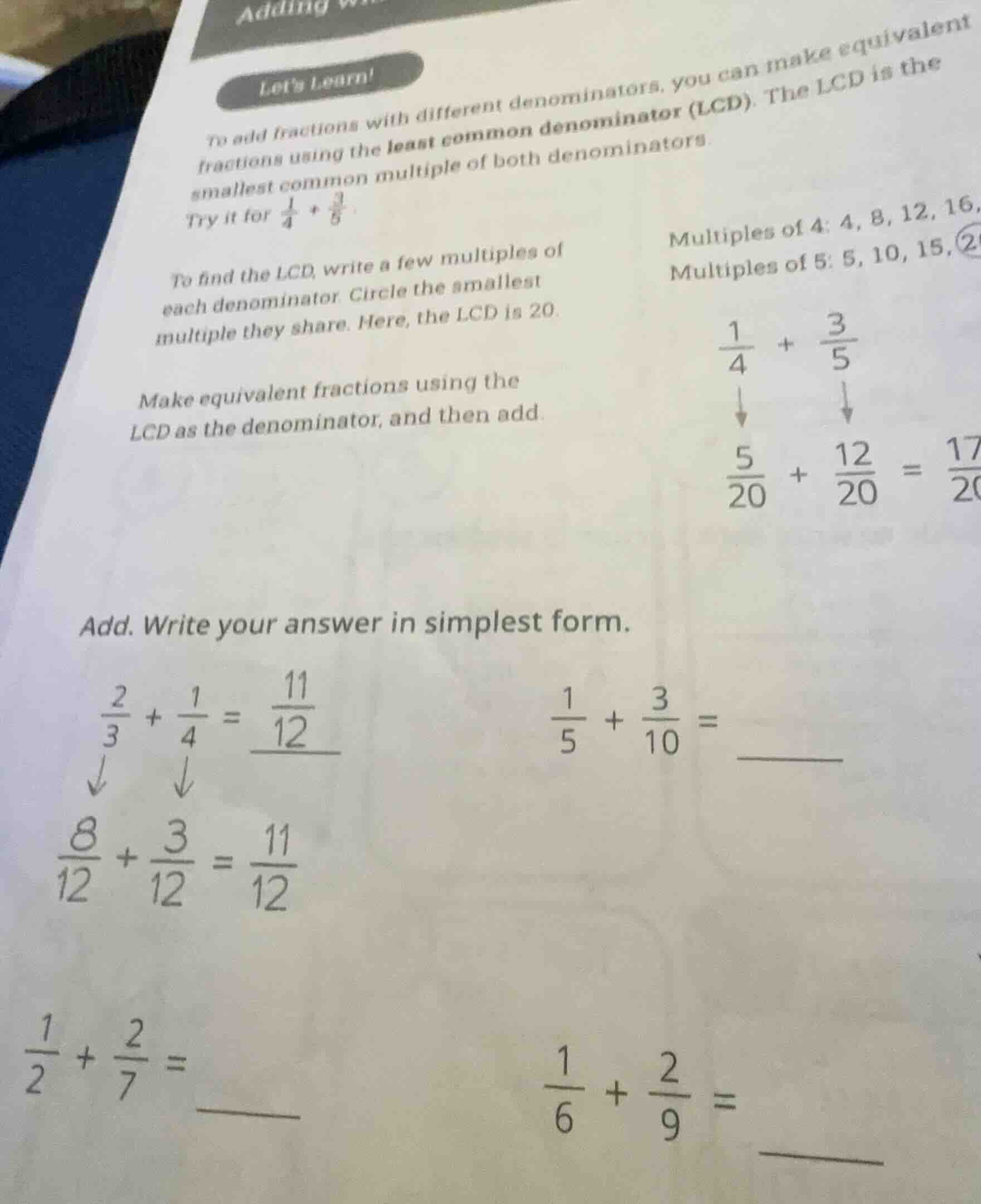 lets learn! to add fractions with different denominators, you can make …