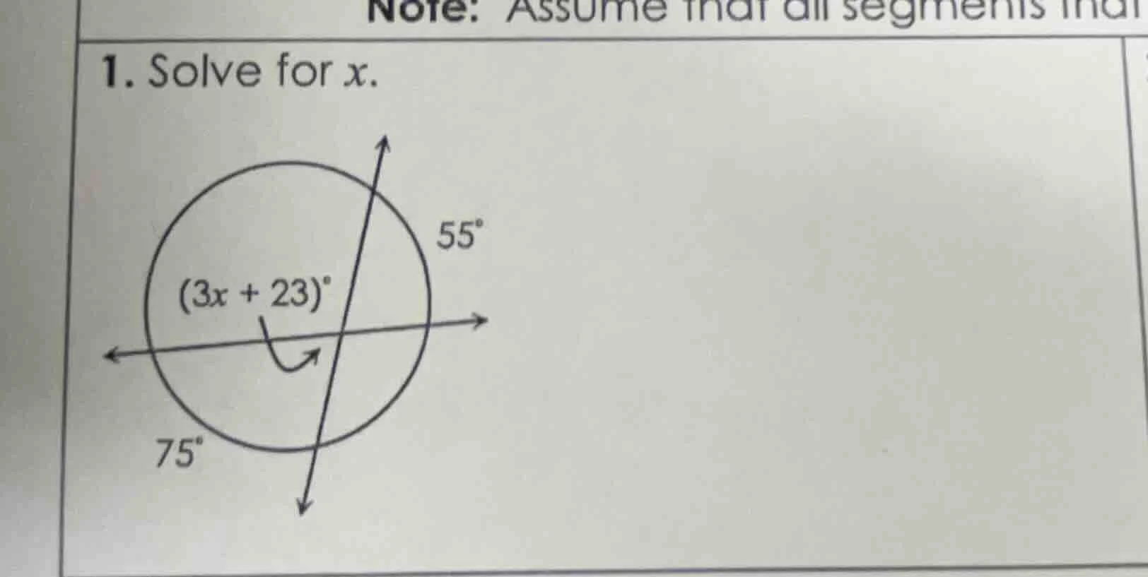 note: assume that all segments ind 1. solve for x. (3x + 23)° 55° 75°