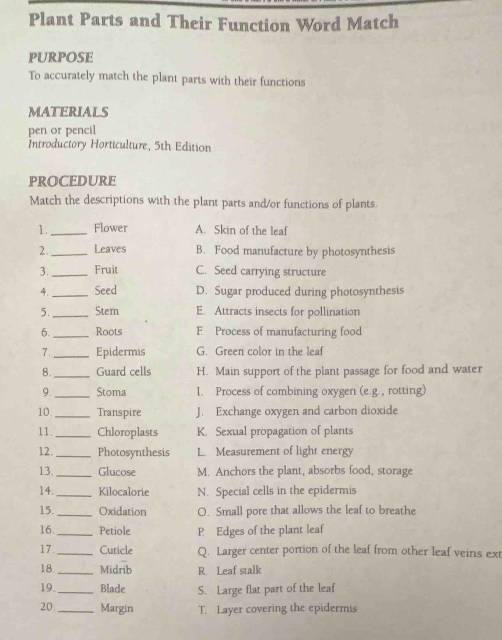 plant parts and their function word match purpose to accurately match t…
