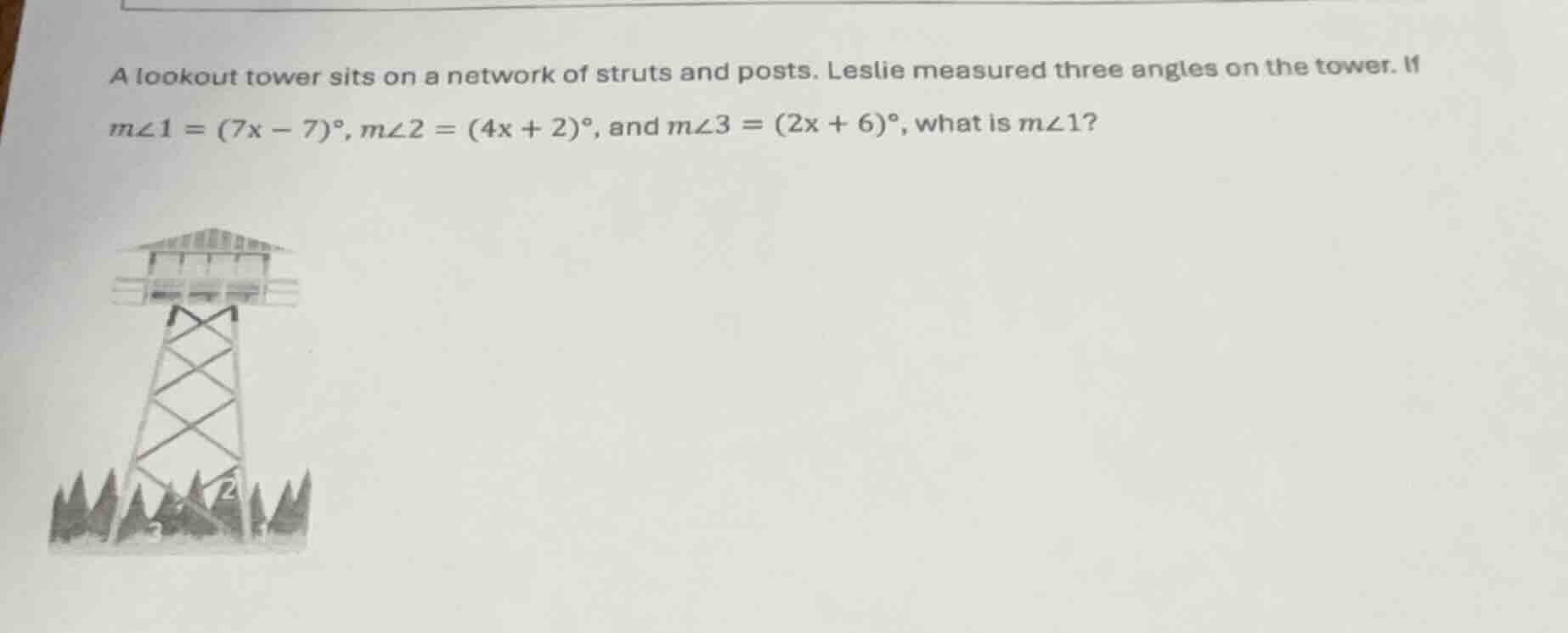 a lookout tower sits on a network of struts and posts. leslie measured …