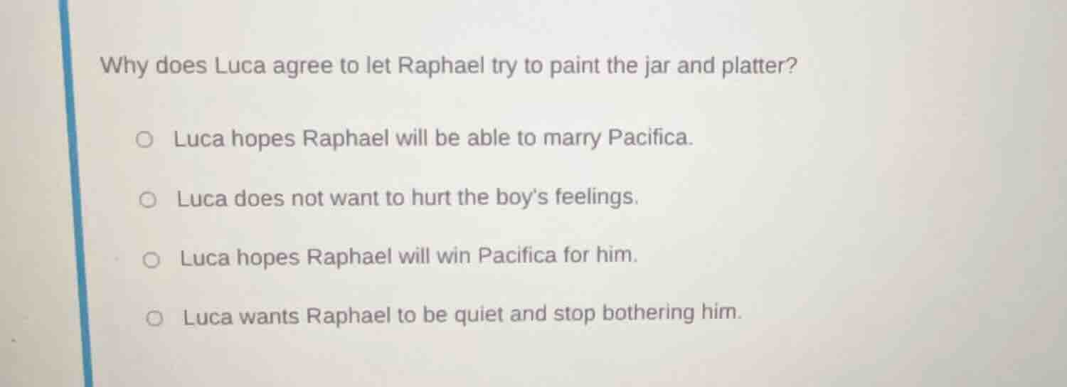why does luca agree to let raphael try to paint the jar and platter? lu…