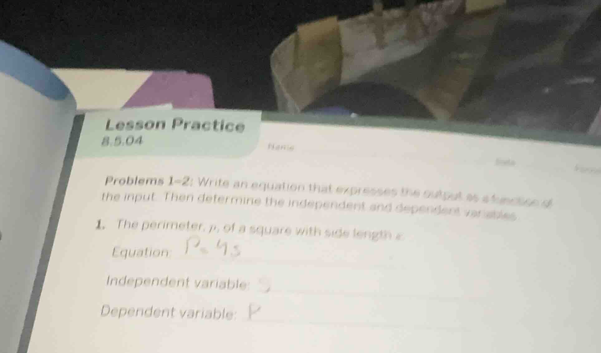 lesson practice 8.5.04 name date problems 1–2: write an equation that e…