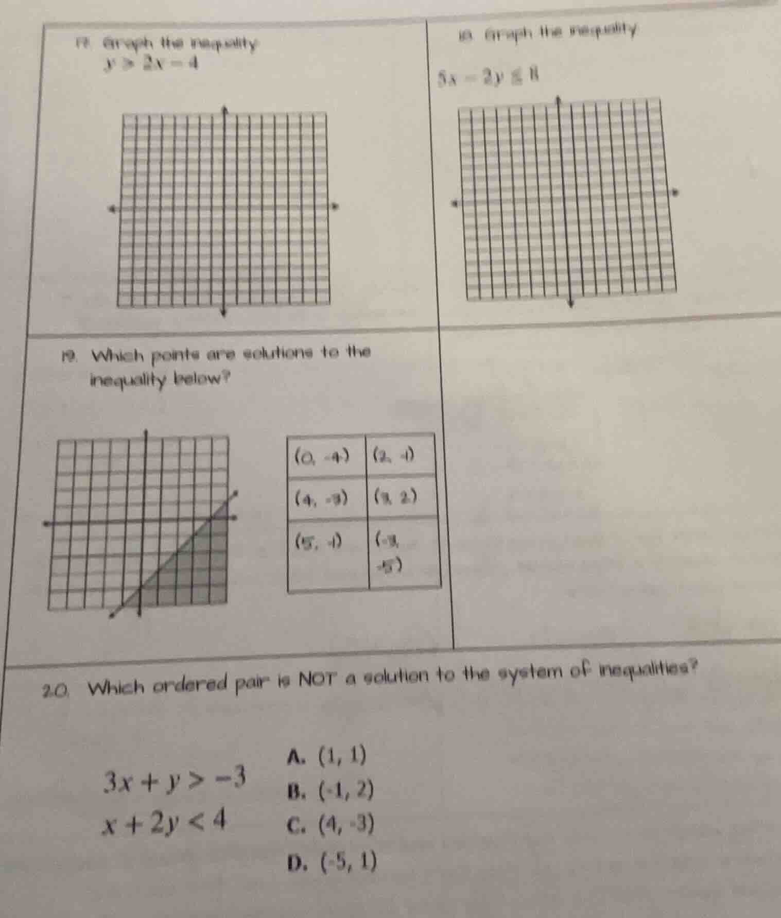 17. graph the inequality $y > 2x - 4$ 18. graph the inequality $5x - 2y…