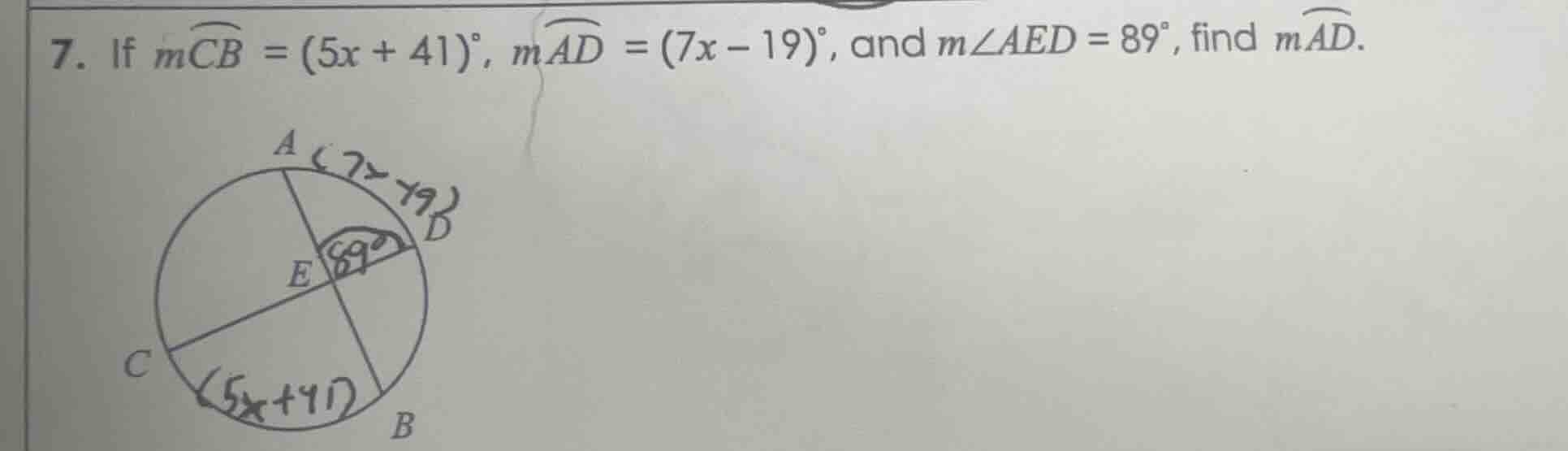 7. if ( moverarc{cb} = (5x + 41)^circ ), ( moverarc{ad} = (7x - 19)^cir…