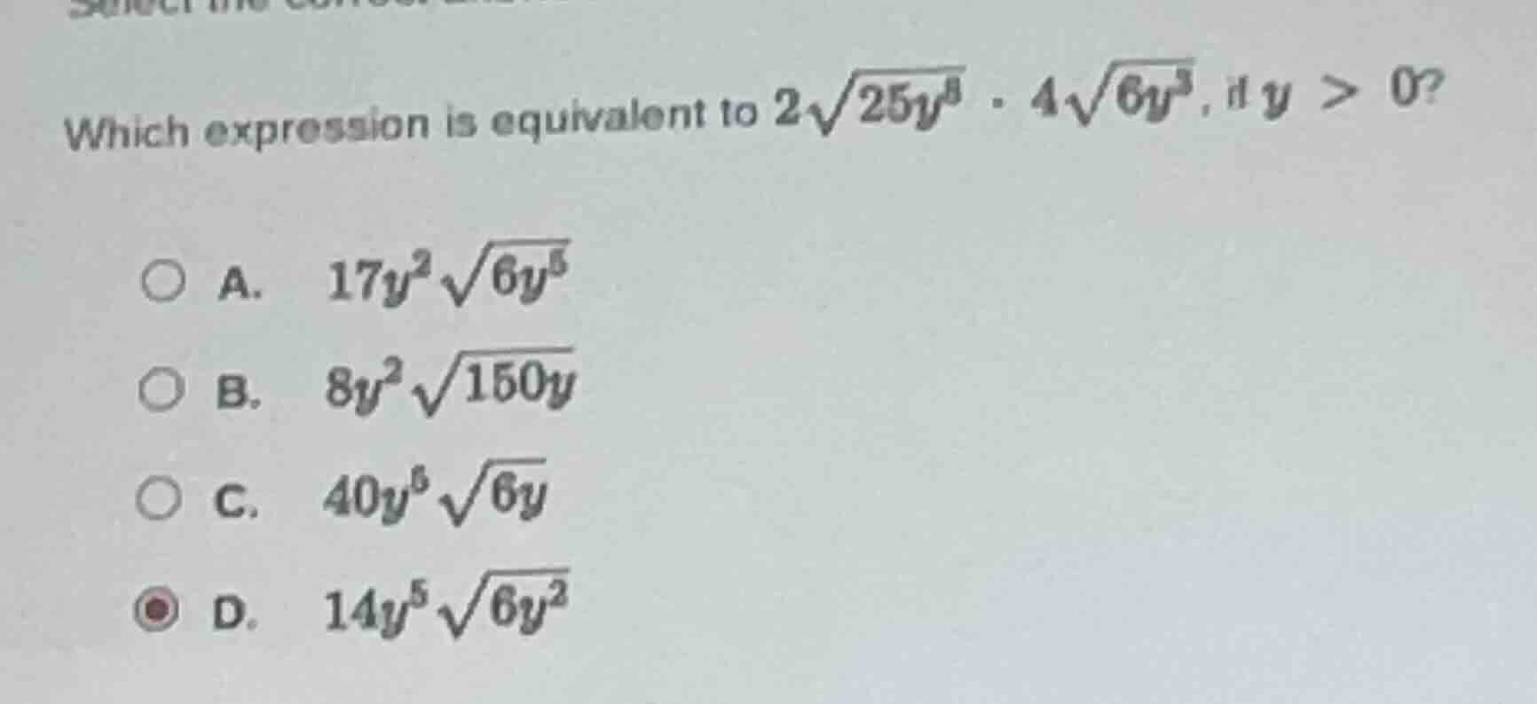 which expression is equivalent to $2\\sqrt{25y^8} \\cdot 4\\sqrt{6y^3}$…