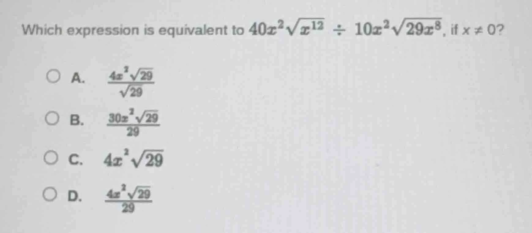 which expression is equivalent to $40x^{2}\\sqrt{x^{12}} \\div 10x^{2}\…