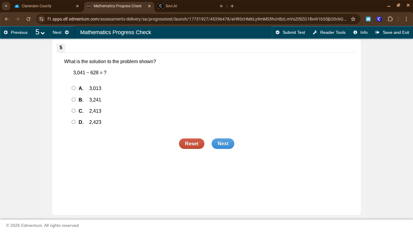 what is the solution to the problem shown? 3,041 - 628 = ? a. 3,013 b. …
