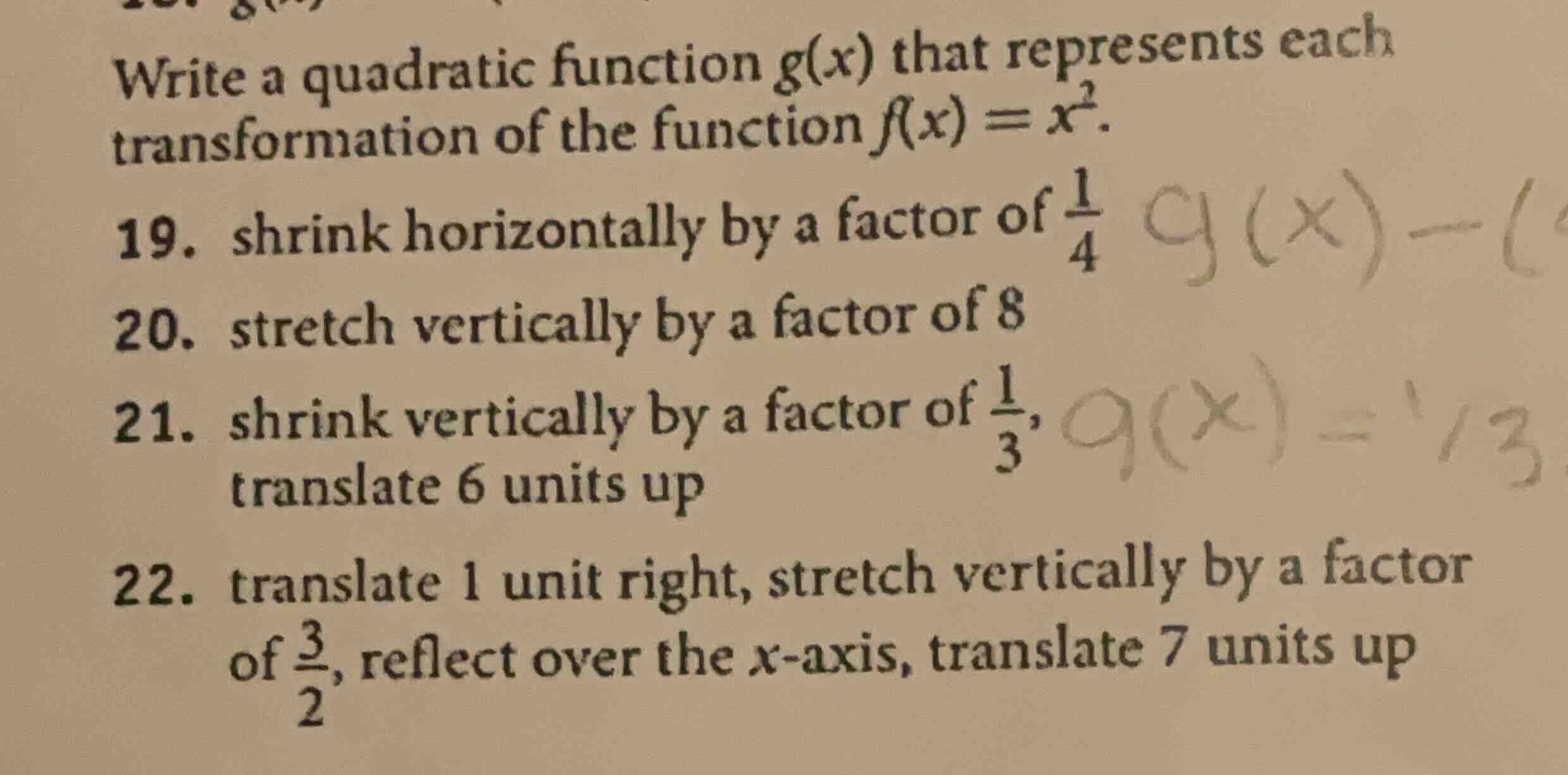 write a quadratic function g(x) that represents each transformation of …