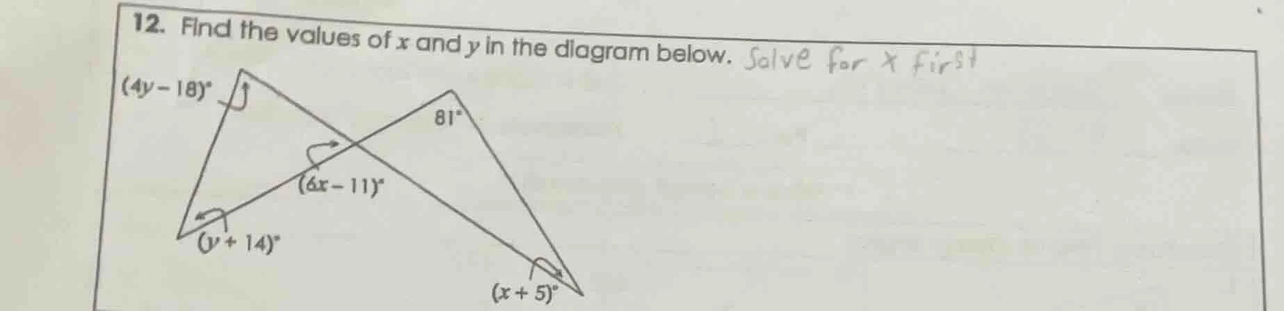 12. find the values of x and y in the diagram below. solve for x first