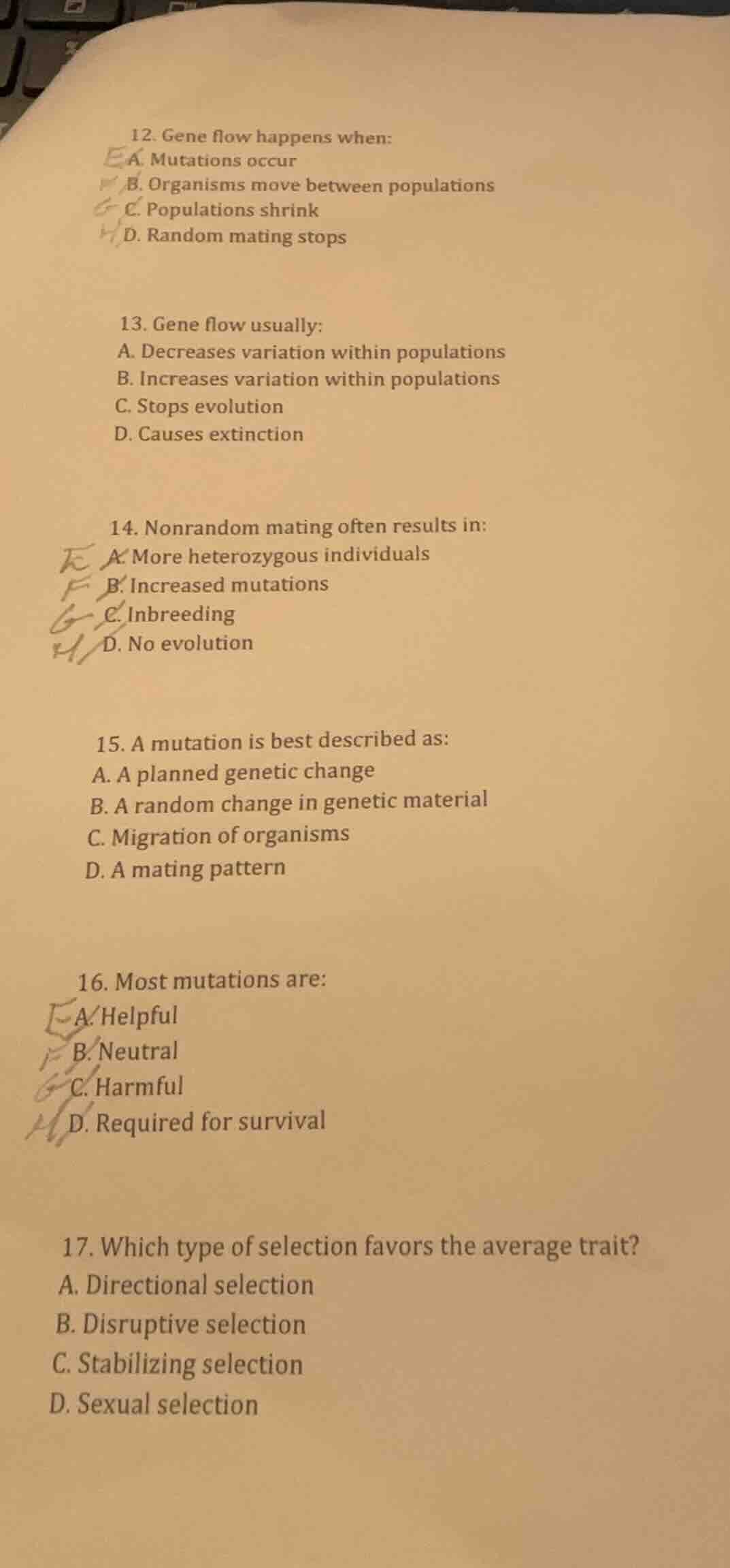 12. gene flow happens when: a. mutations occur b. organisms move betwee…