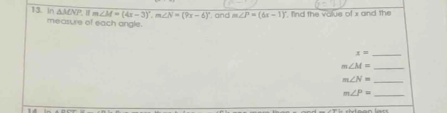 13. in $\\triangle mnp$, if $m\\angle m = (4x - 3)°$, $m\\angle n = (9x…