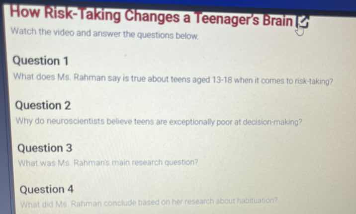 how risk - taking changes a teenagers brain watch the video and answer …
