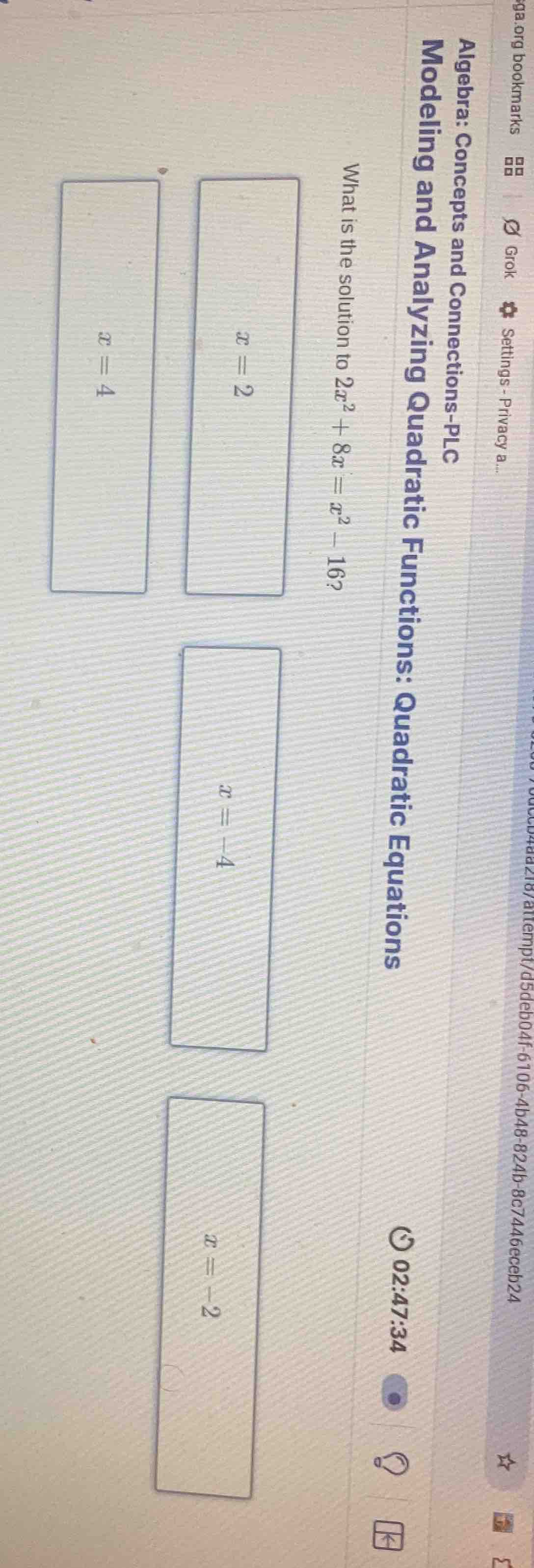 what is the solution to $2x^2 + 8x = x^2 - 16$?\ $x = 2$\ $x = 4$\ $x =…