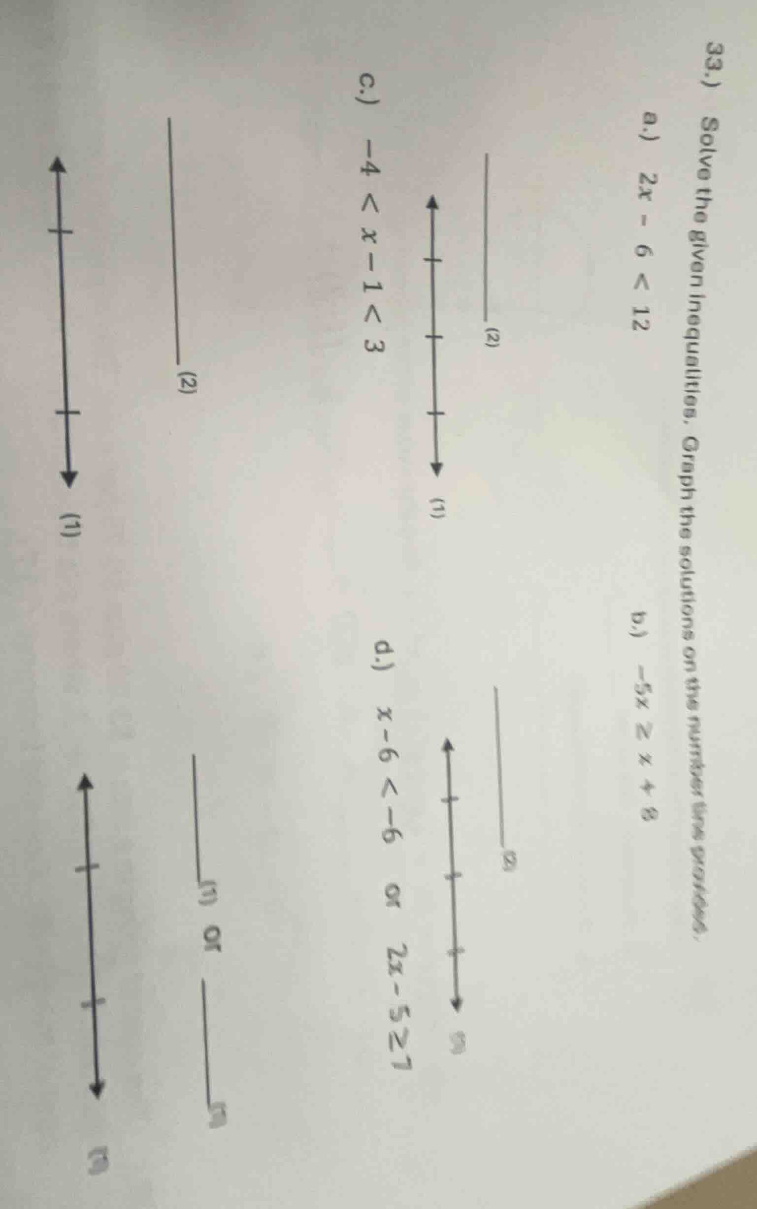 33.) solve the given inequalities. graph the solutions on the number li…