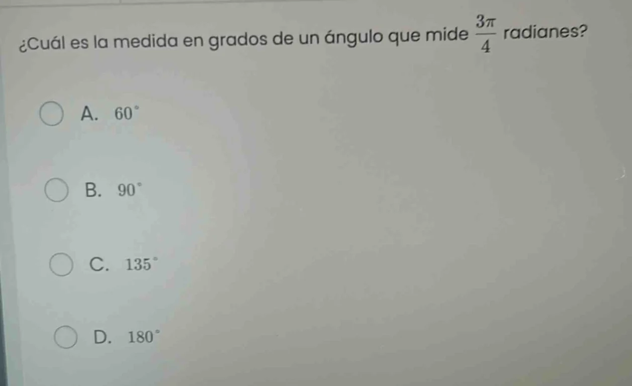 ¿cuál es la medida en grados de un ángulo que mide \\(\\frac{3\\pi}{4}\…