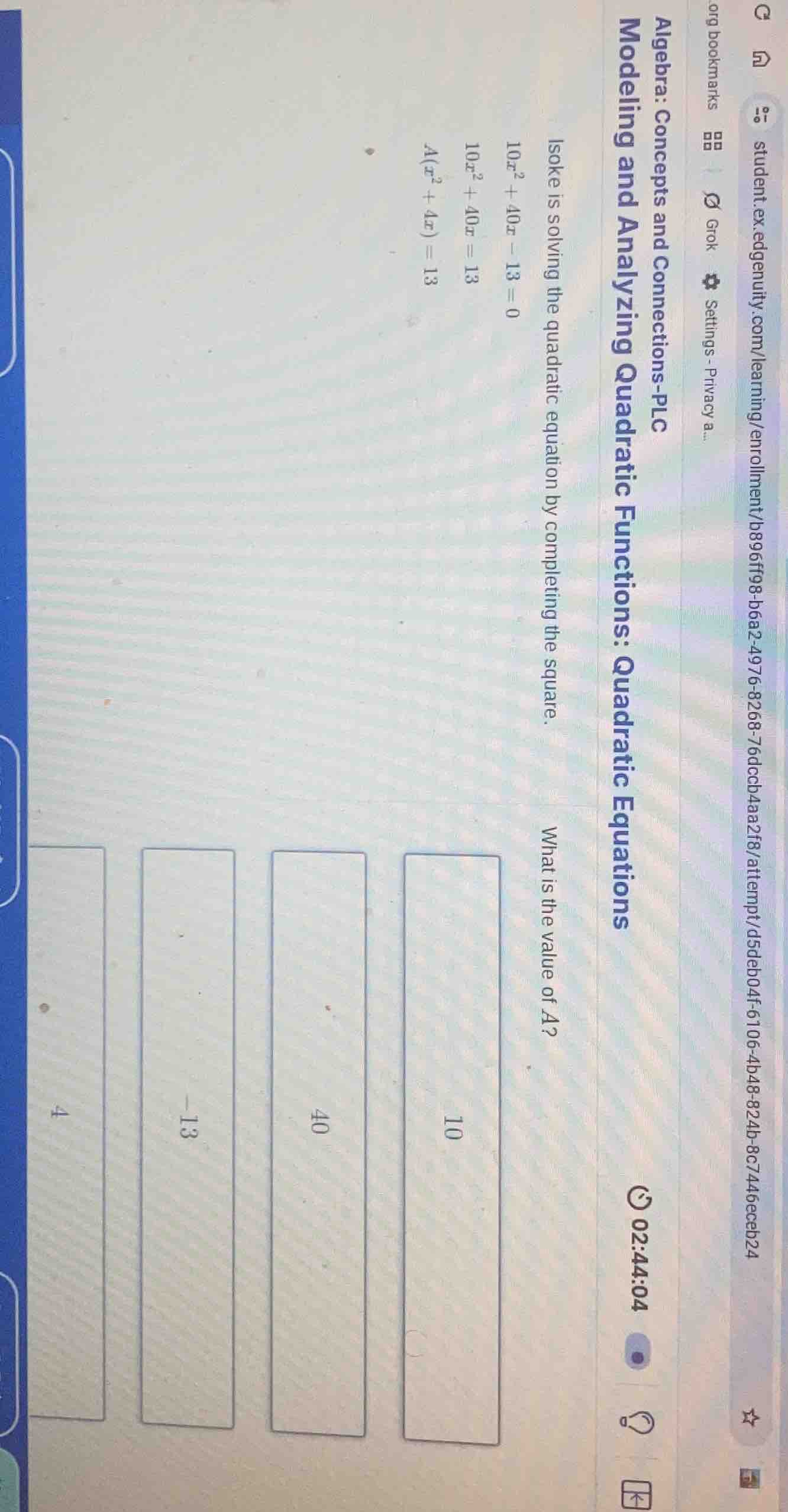 isoke is solving the quadratic equation by completing the square. $10x^…