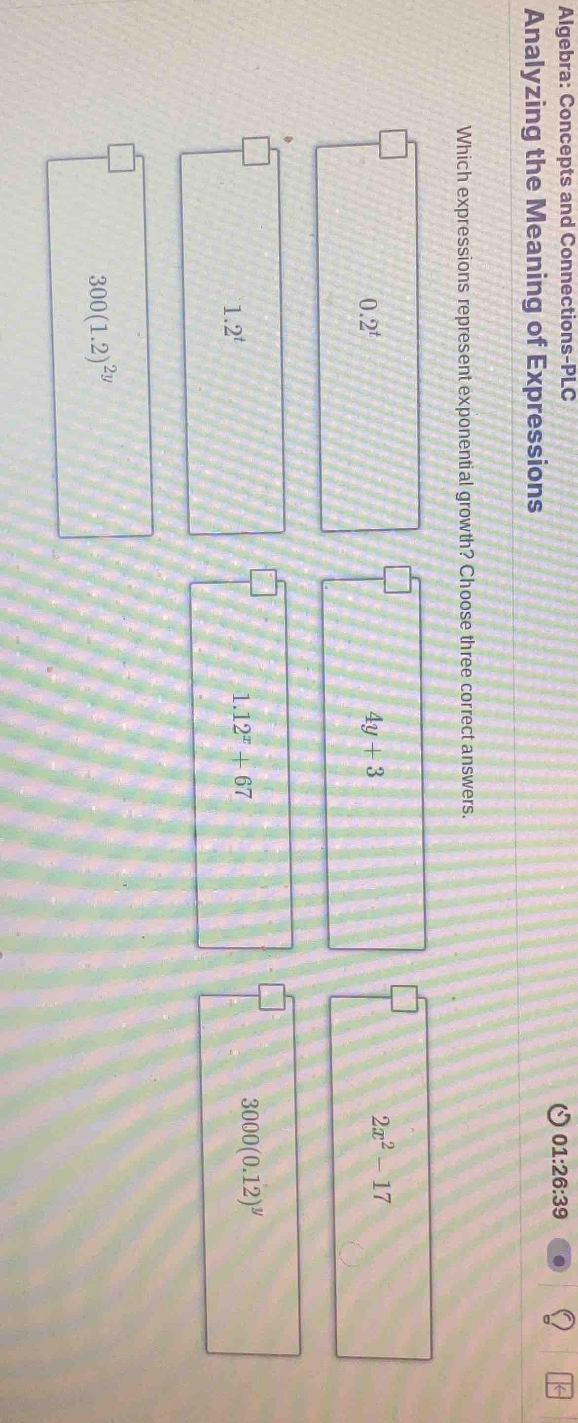 which expressions represent exponential growth? choose three correct an…