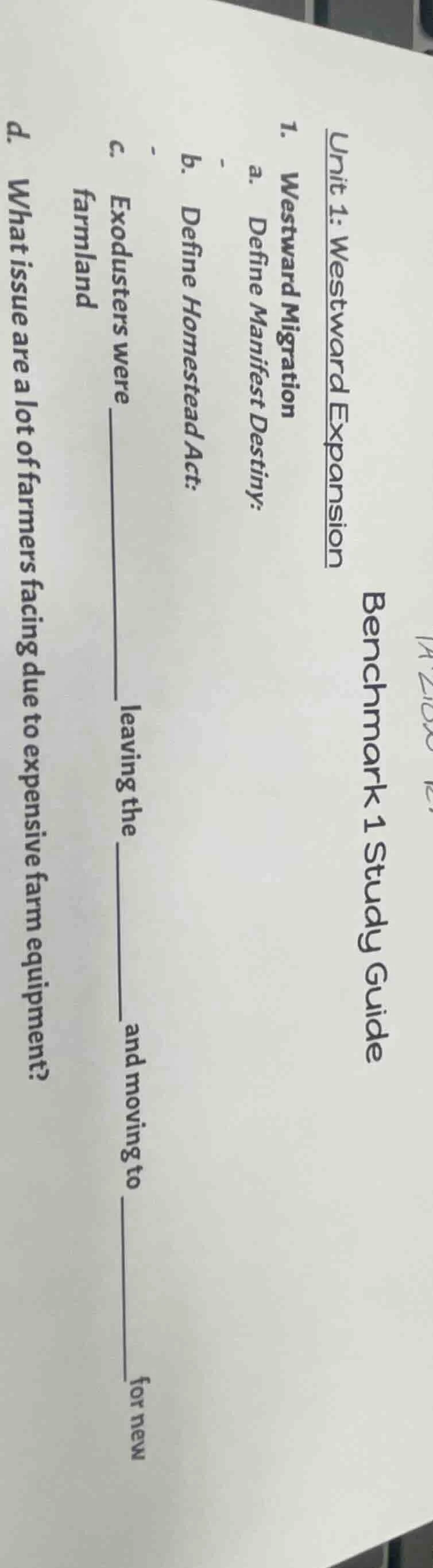 benchmark 1 study guide unit 1: westward expansion 1. westward migratio…