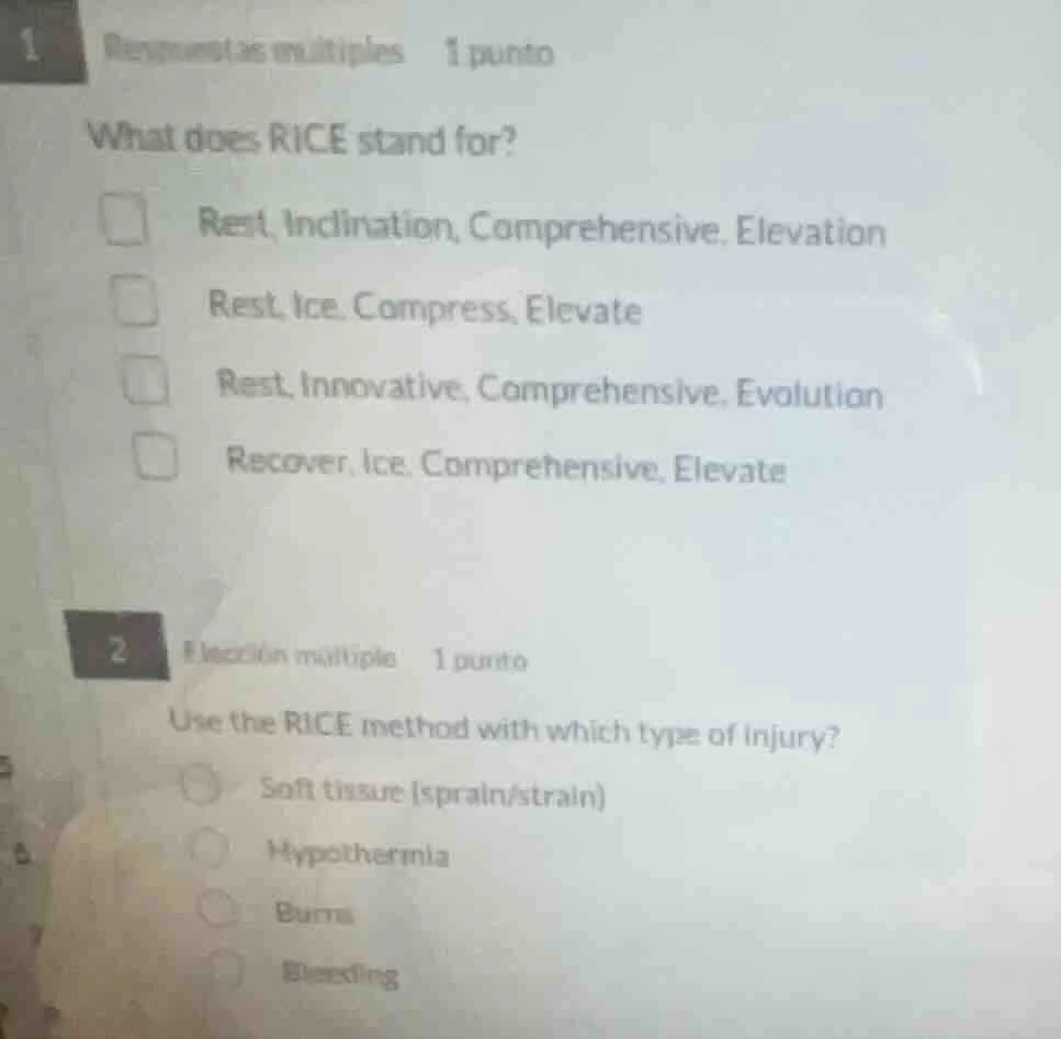 1 respuesta múltiple 1 punto what does rice stand for? □ rest, inclinat…
