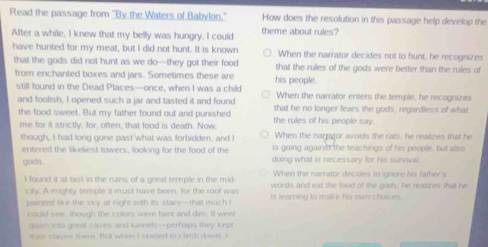 read the passage from \by the waters of babylon.\ after a while, i knew…