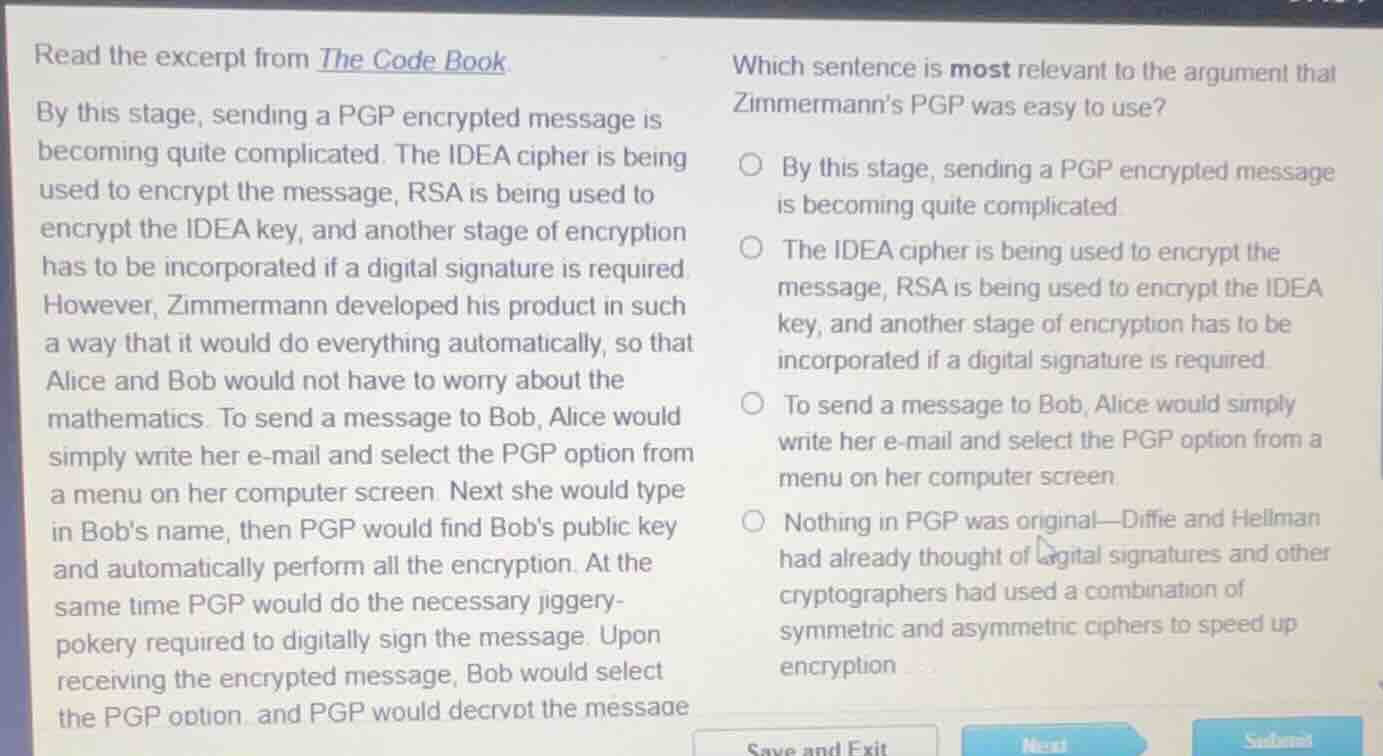 read the excerpt from the code book. by this stage, sending a pgp encry…