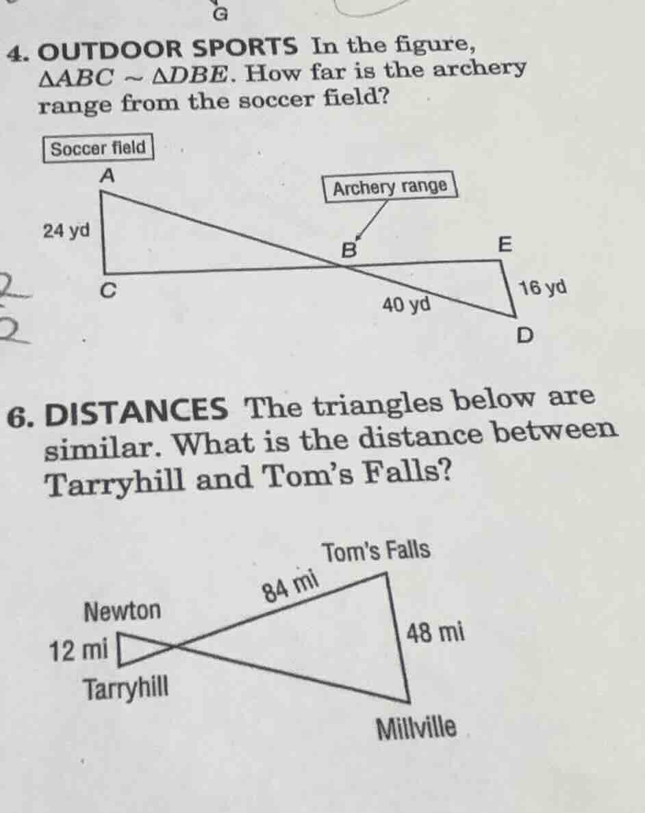 4. outdoor sports in the figure, $\\triangle abc \\sim \\triangle dbe$.…