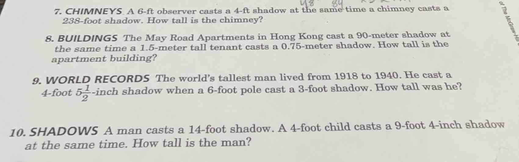 7. chimneys. a 6-ft observer casts a 4-ft shadow at the same time a chi…