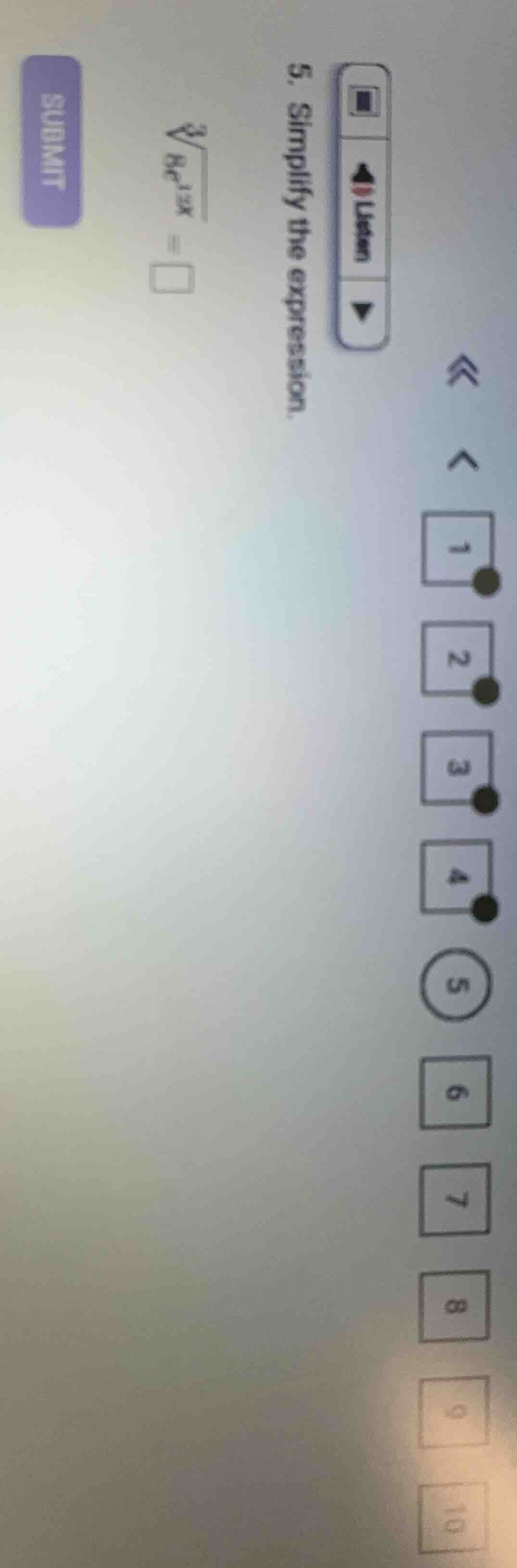 5. simplify the expression. (sqrt3{8c^{12x}}) =