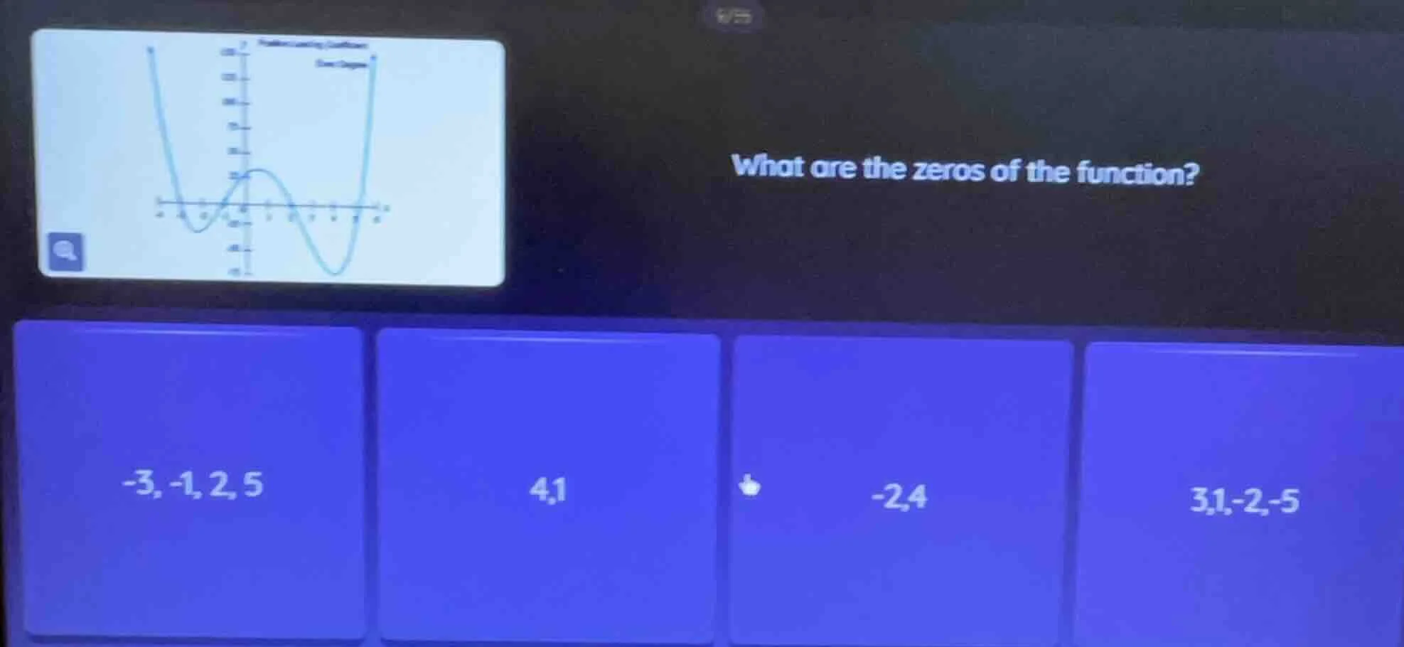 what are the zeros of the function? -3, -1, 2, 5; 4,1; -2,4; 3,1,-2,-5