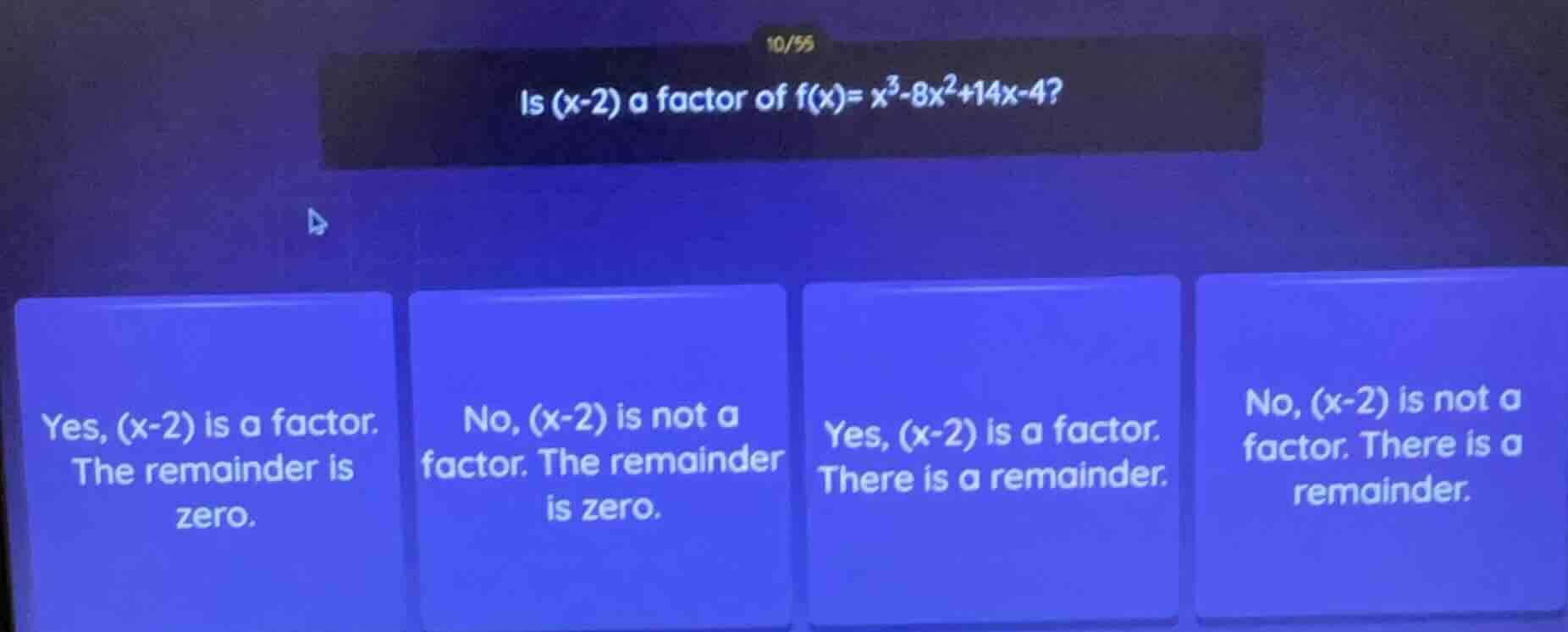 is (x-2) a factor of f(x)= x³-8x²+14x-4? yes, (x-2) is a factor. the re…