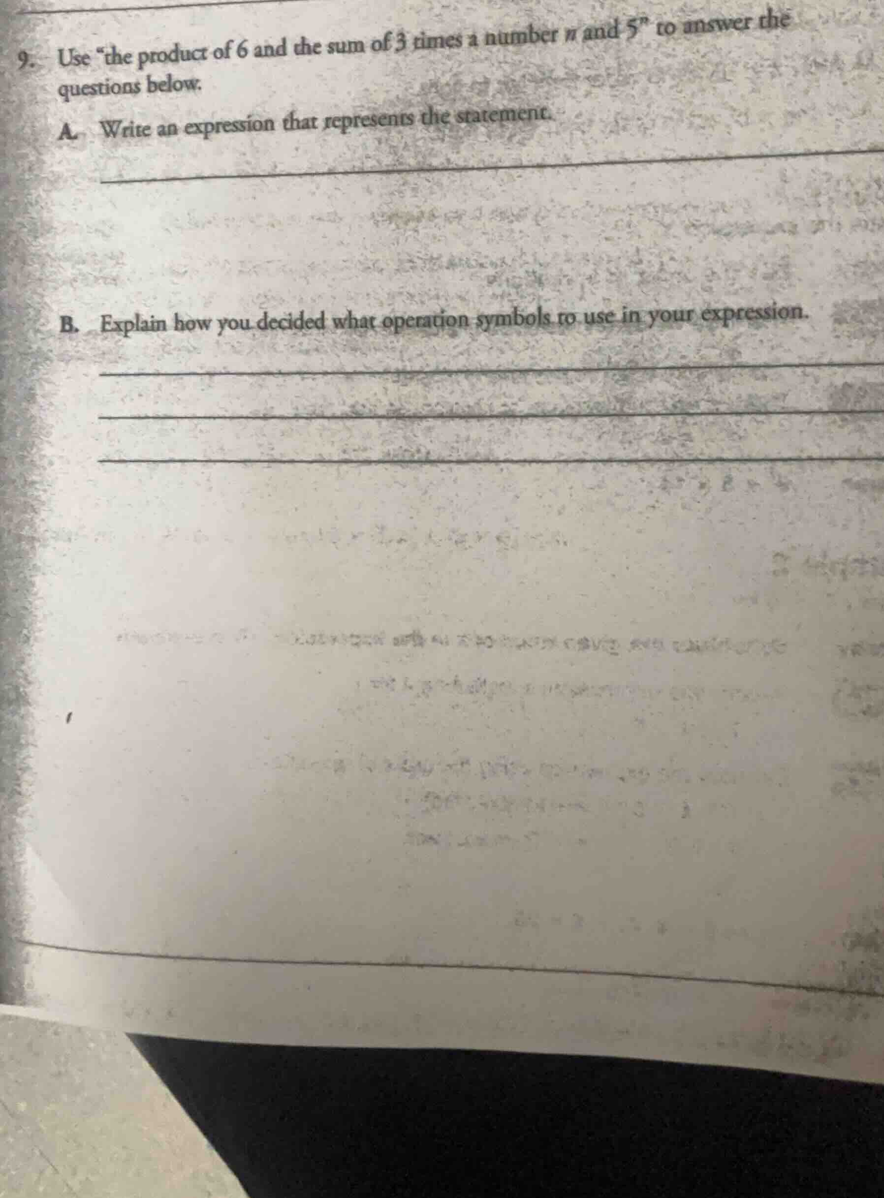 9. use \the product of 6 and the sum of 3 times a number n and 5\ to an…