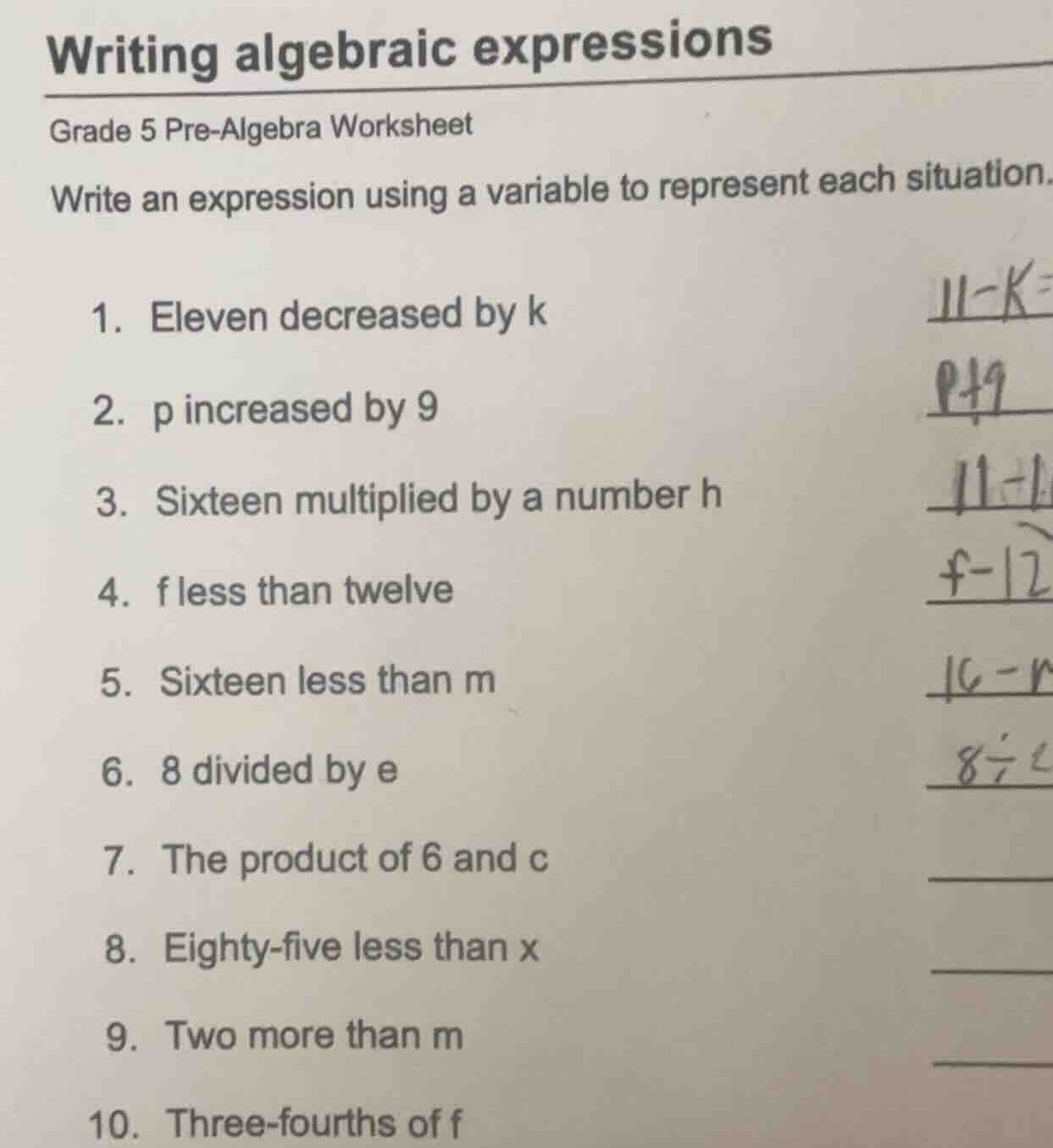 writing algebraic expressions grade 5 pre - algebra worksheet write an …