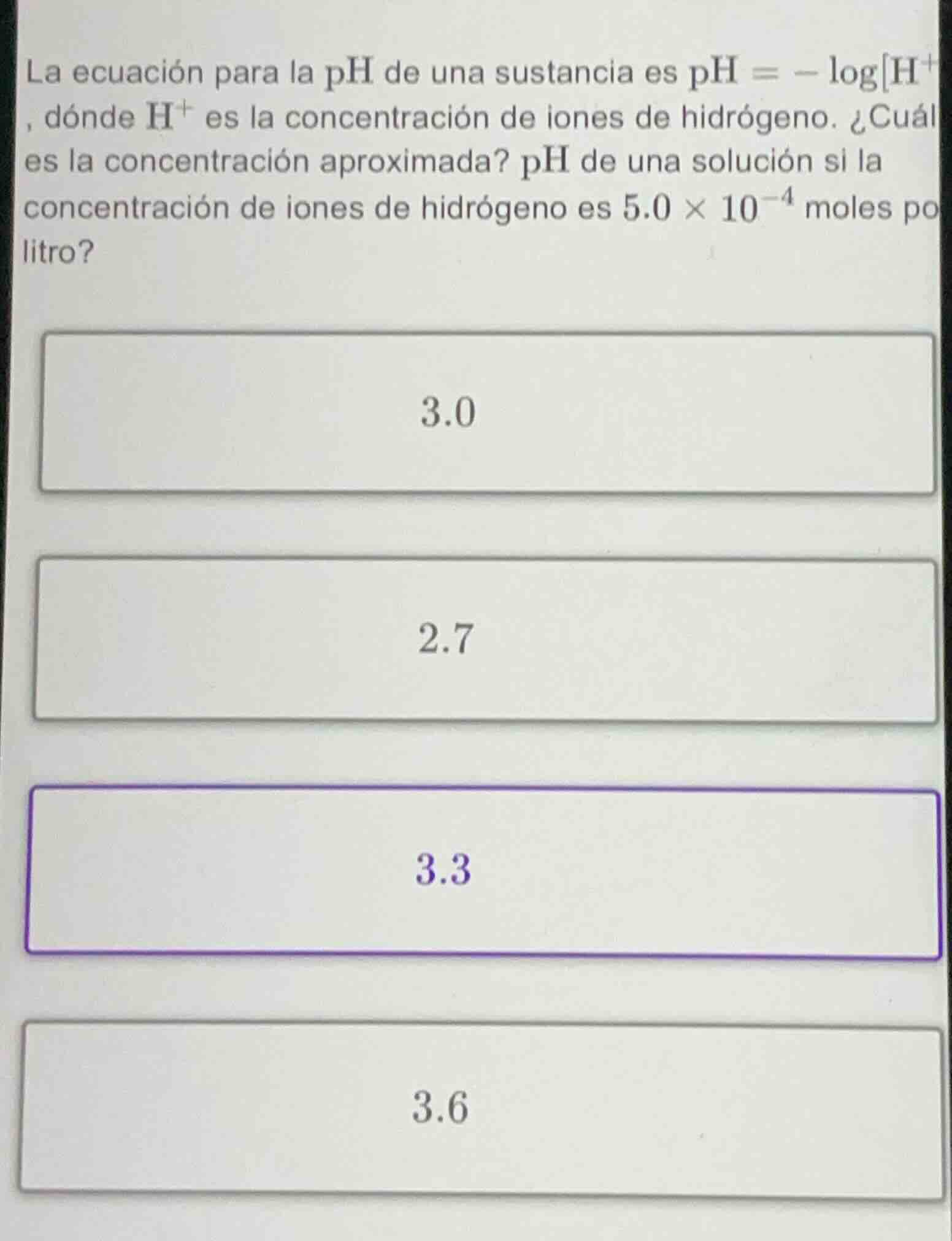 la ecuación para la ph de una sustancia es $\\text{ph} = - \\log\\text{…