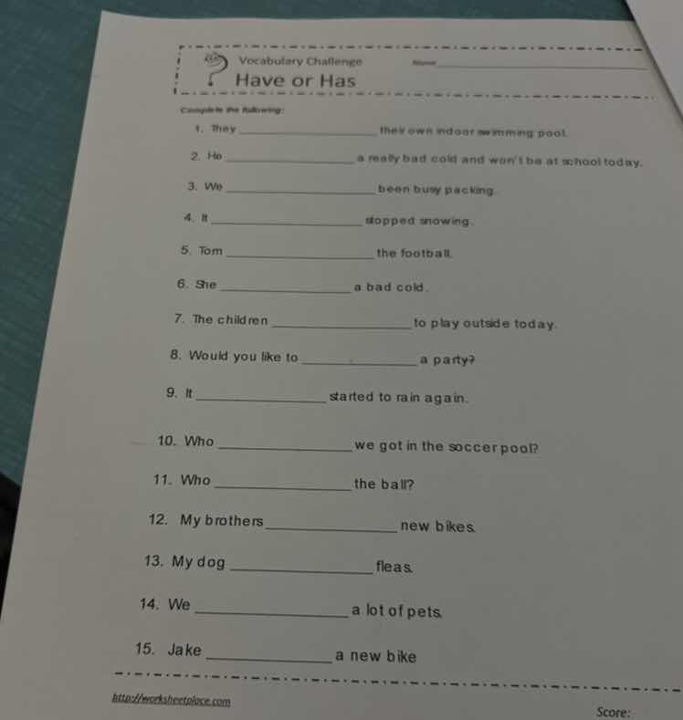 vocabulary challenge have or has complete the following: 1. they ______…