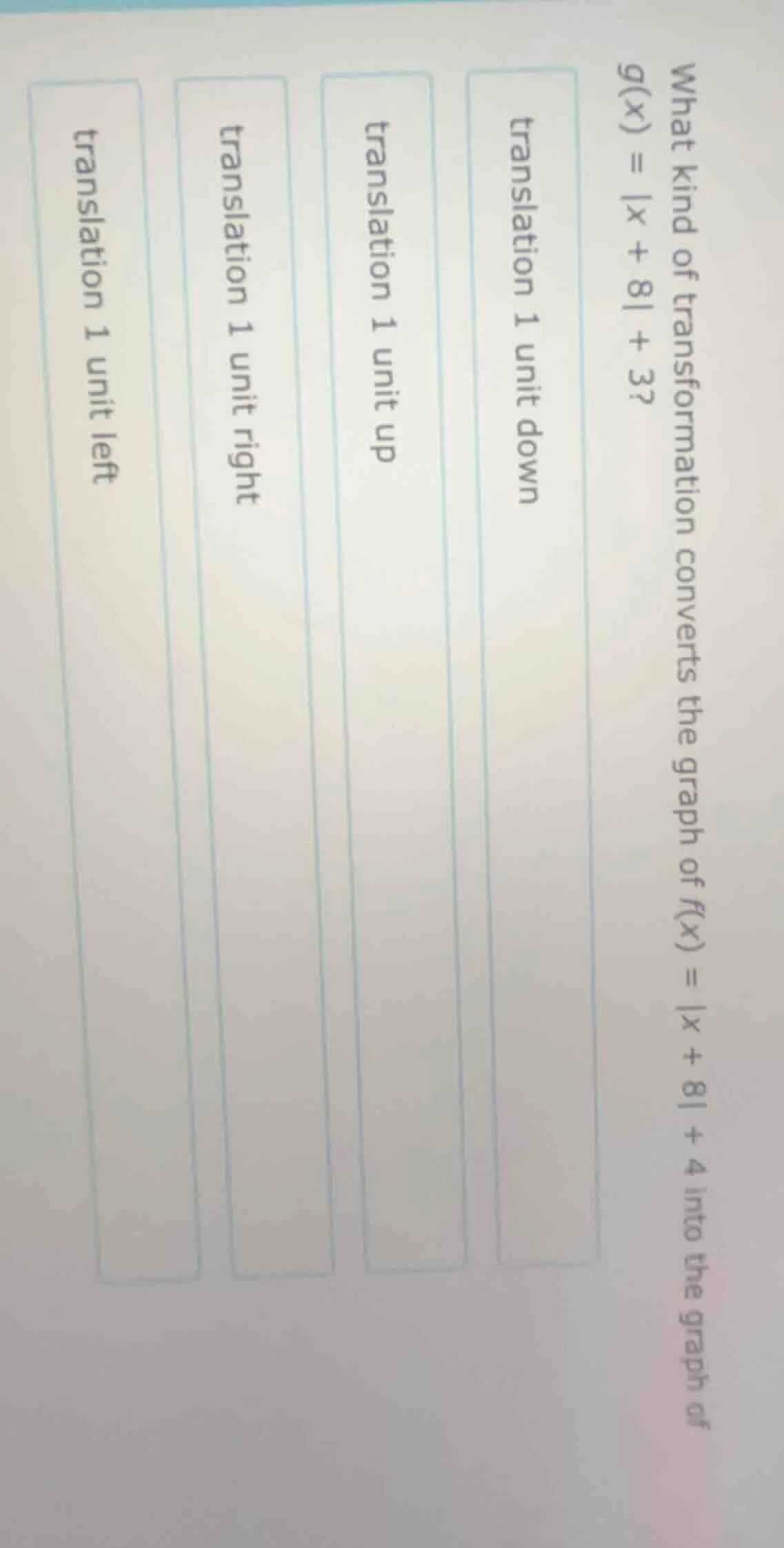 what kind of transformation converts the graph of f(x) = |x + 8| + 4 in…