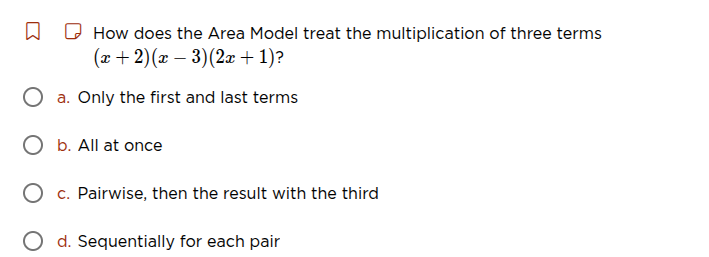how does the area model treat the multiplication of three terms ((x + 2…