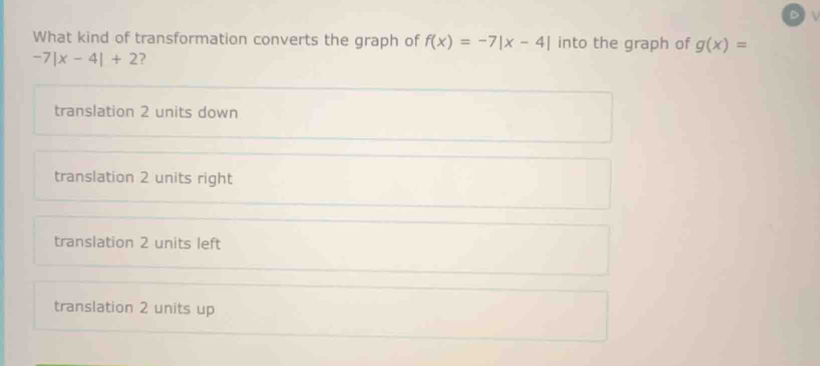 what kind of transformation converts the graph of $f(x) = -7|x - 4|$ in…