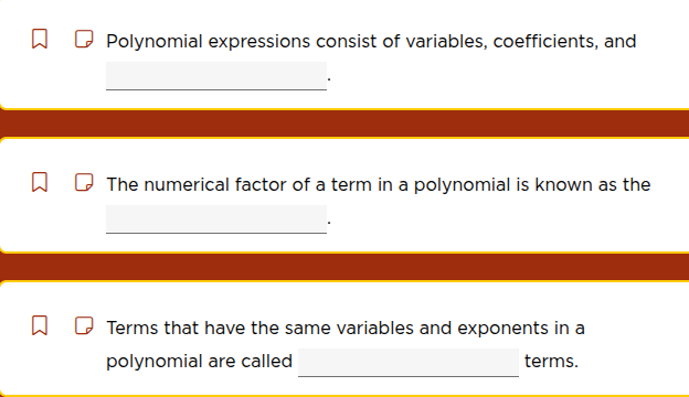 polynomial expressions consist of variables, coefficients, and ______. …
